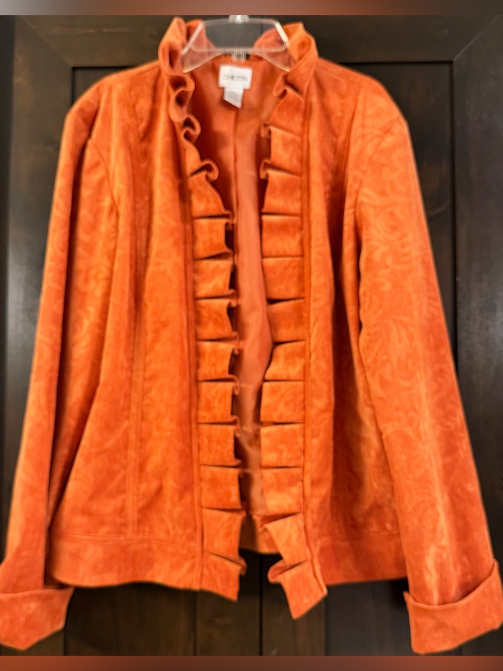 Chico’s Rust Orange Vintage Textured Ruffle Jacket Sz L (Chico Sz 2)